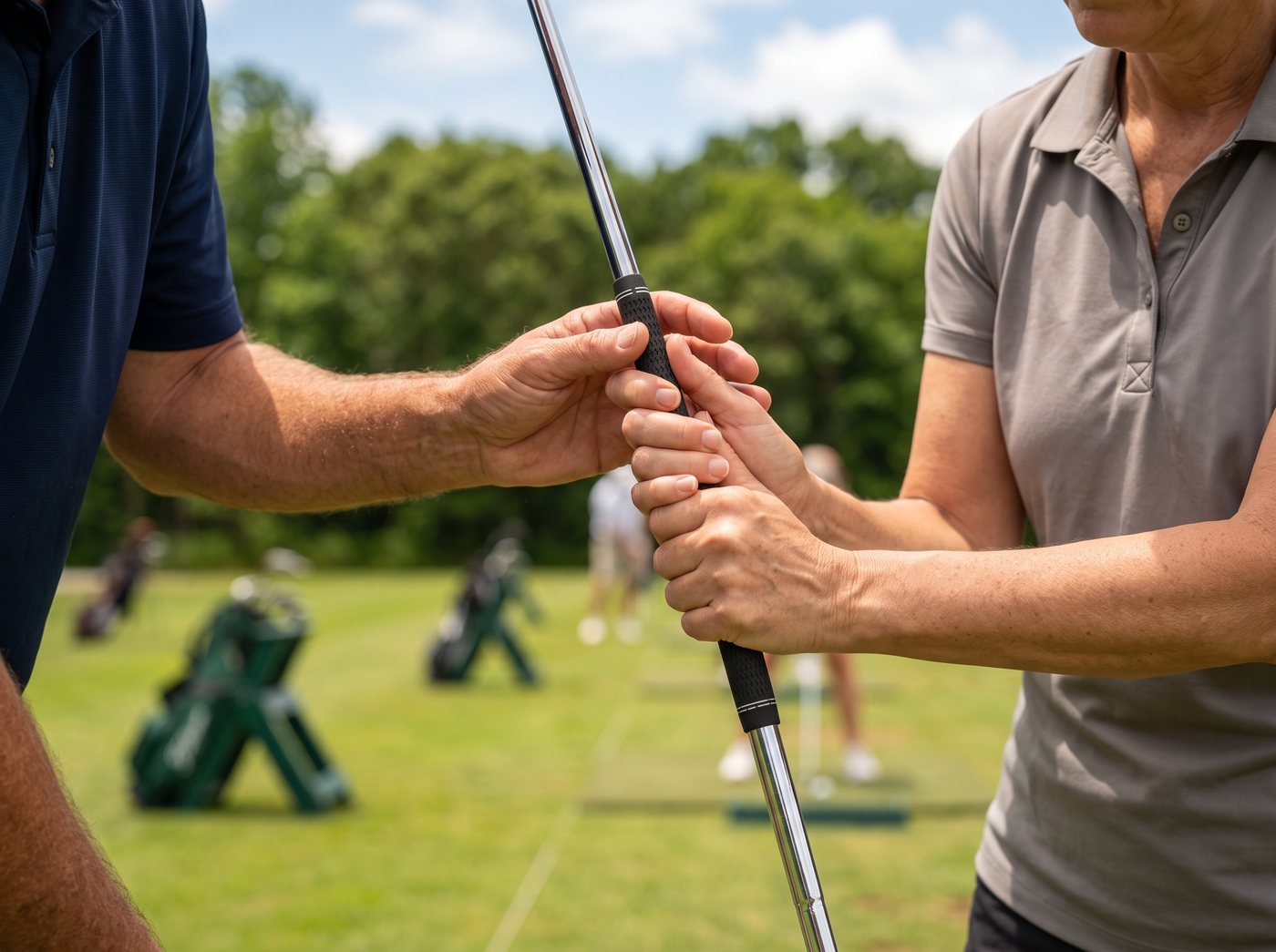 Coach adjusting an adult student's grip during a personalized lesson