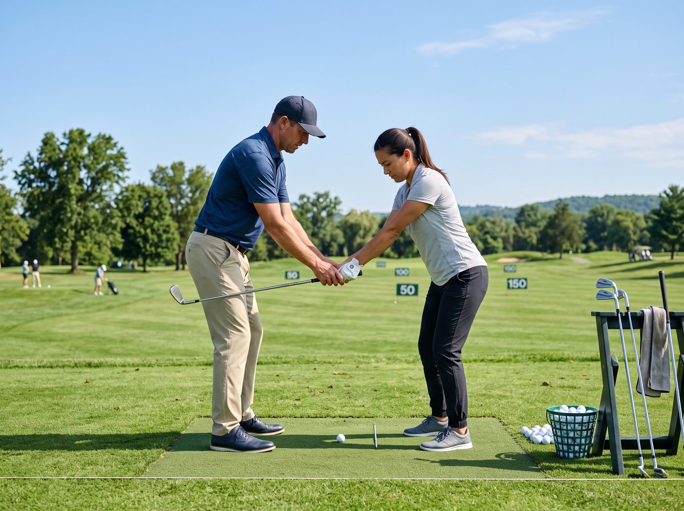 Up To Par Golf instructor working with a student on the driving range