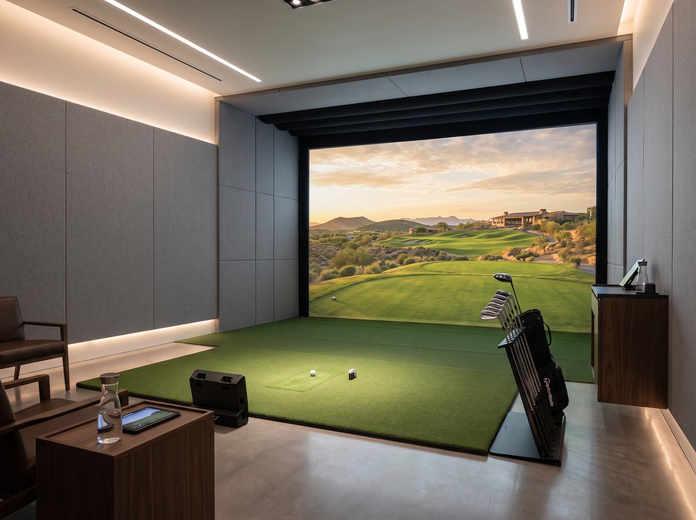 Indoor golf studio with launch monitor for year-round lessons
